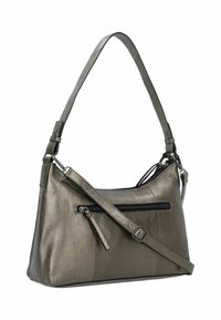 Borsa a spalla in pelle grigio metallico con una singola tracolla, opzione crossbody regolabile e tasca con zip sulla parte anteriore. Finitura testurizzata.