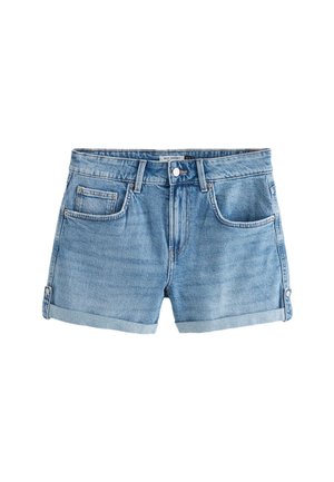 Kék farmer boyshort stílusú rövidnadrágok felhajtott szegéllyel, elülső zsebekkel, övbújtatókkal és gombos záródással.