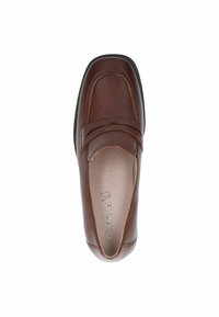 Mocassino in pelle marrone con punta arrotondata, dettagli di cucitura e una texture liscia. La suola ha un leggero rialzo ed è minimamente strutturata.