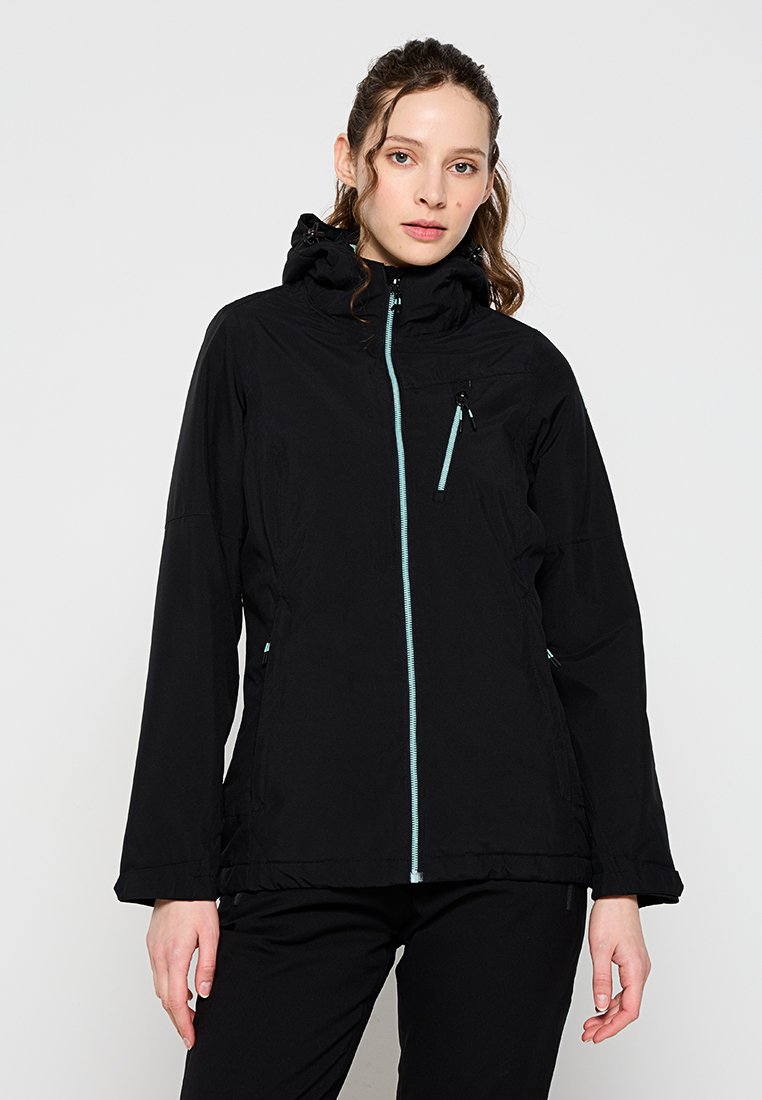 Veste noire imperméable avec fermeture éclair à l'avant, capuche ajustable et zips turquoise. Comprend des poches latérales et une poche poitrine zippée.