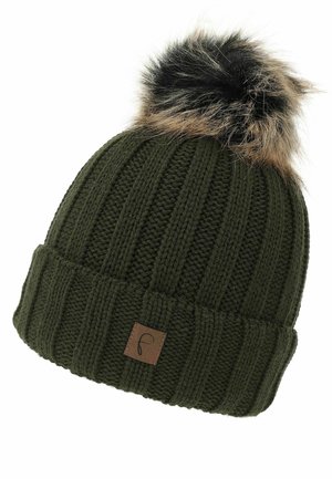 Green knitted beanie with a ribbed texture, featuring a faux fur pom-pom on top and a small leather logo patch on the cuff.
