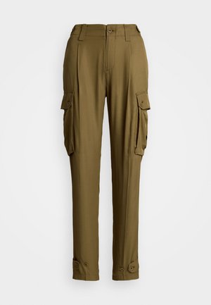 Olivgrön cargobyxor med rak skärning, som har sidofickor, knappstängning och justerbara knappade manschetter vid anklarna.