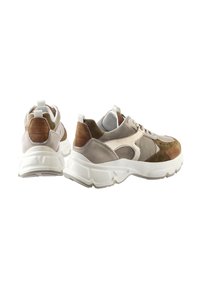 Sneakers feature a mix of grey suede, brown accents, and a white textured sole. Rounded shape with a padded collar and laces for a secure fit.