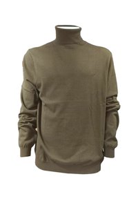 Brauner Rollkragenpullover aus weichem Stoff mit langen Ärmeln und einem gerippten Saum. Kleines Logo auf der Brust, minimalistisches Design.
