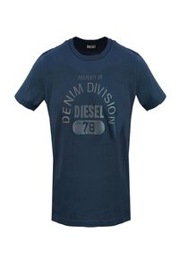 Marineblauw katoenen T-shirt met korte mouwen, ronde halslijn en bedrukte graphics "DENIM DIVISION" en "DIESEL 78" op de voorkant.