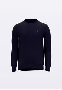 Maglione blu navy, materiale lavorato a maglia, collo rotondo, maniche lunghe, polsini e orlo a coste, con un piccolo logo blu ricamato sul petto.