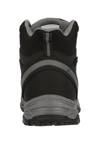 Mustat vaelluskengät, joissa on teksturoitu varsi harmailla yksityiskohdilla, vahvistettu kanta sekä kumipohja, jossa on kuvioitu pinta pidon parantamiseksi.