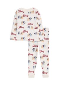 Conjunto de pijama de algodón blanco que incluye mangas largas y pantalones, adornado con estampados de personajes coloridos de "Bluey" y texto en color burdeos.