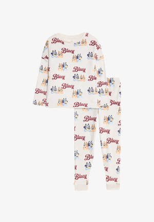 Conjunto de pijama de algodón blanco que incluye mangas largas y pantalones, adornado con estampados de personajes coloridos de "Bluey" y texto en color burdeos.