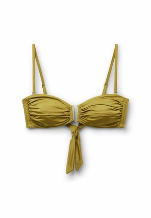 Olivengrøn bikini-top med rynkede skåle, justerbare tynde skulderstropper, metalspænde foran og en bundet tekstildetalje, der hænger under spænden.