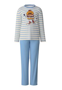 Gestreepte langarm pyjamashirt in crème en lichtblauw met een hamburgerafbeelding, gecombineerd met effen blauwe broek van zacht materiaal.