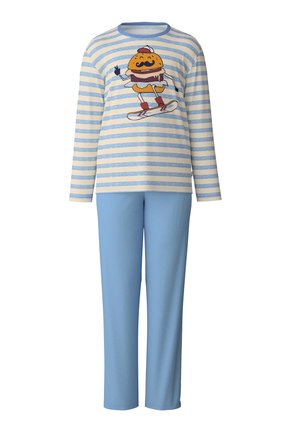 Gestreiftes Langarm-Pyjama-Oberteil in Creme und Hellblau mit einem Burger-Motiv, kombiniert mit einfarbigen blauen Hosen aus weichem Material.