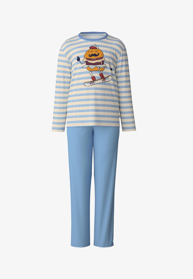 Gestreepte langarm pyjamashirt in crème en lichtblauw met een hamburgerafbeelding, gecombineerd met effen blauwe broek van zacht materiaal.