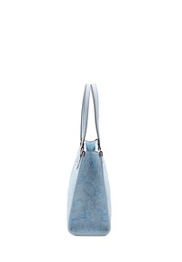Borsa tote azzurra chiara con un motivo testurizzato di motivi circolari. Presenta doppi manici e una forma strutturata e angolare. Materiale liscio.