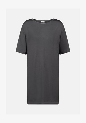 Donkergrijze t-shirt van gladde stof, met een ronde halslijn en korte mouwen, in een relaxte pasvorm en zonder zichtbare patronen.