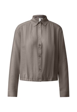 Chemise courte à manches longues en taupe avec un motif texturé subtil et un col classique.