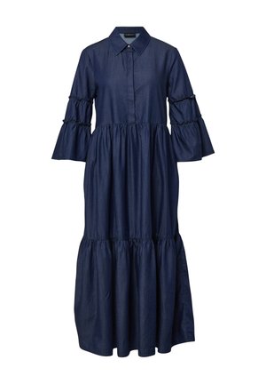 Sukienka koszulowa z denimu w ciemnoniebieskim kolorze, z zapięciem na guziki z przodu, kołnierzykiem oraz falbankowymi, warstwowymi długimi rękawami z marszczeniami.