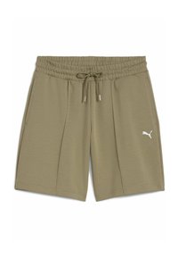 Pantalones cortos verde oliva hechos de tela suave, con una cintura elástica y un cordón, y un logo blanco en el lado izquierdo. Dos bolsillos laterales.