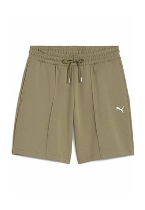Olivengroene shorts van zacht materiaal, met een elastische tailleband met een trekkoord en een wit logo aan de linkerkant. Twee zijzakken.