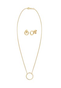 Schmuckset in goldfarbener Optik, bestehend aus einer dünnen Kettenhalskette mit einem kreisförmigen Anhänger und passenden Ohrsteckern, alle mit einer glatten metallischen Oberfläche.