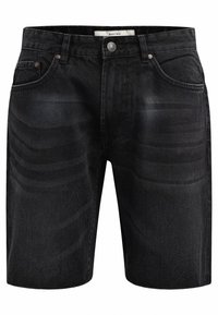 Shorts en denim noir avec une coupe classique, design à cinq poches et un léger délavage. Taille structurée avec fermeture à bouton en métal.