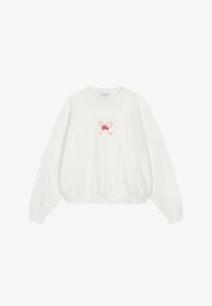 Vitt sweatshirt i mjukt tyg med en rosa broderad rosettdesign mitt på, sänkta axlar och ribbstickade mudd.