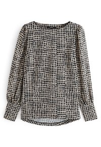 Beige Bluse mit langen Ärmeln und schwarzem Karomuster, runder Ausschnitt und geraffte Ärmel, mit abgerundetem Saum.