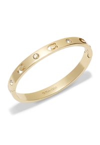 Bracciale rigido in tono dorato con design del logo intagliato, rhinestone incastonati e superficie liscia e lucida. Chiusura con chiusura regolabile.