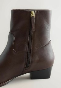 Dark brown leather ankle boot with side zipper and low black heel on a white background.