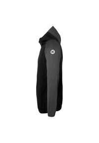 Veste à capuche noir et gris avec fermeture éclair, présentant un détail de logo sur la manche, des poignets élastiques et des poches latérales. Texture de tissu lisse.