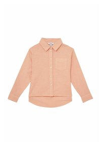 Light peach long-sleeve button-up shirt with a pointed collar, chest pocket, and a hem that curves at the back. Soft texture and relaxed fit.