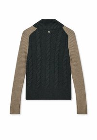 Ein grob gestrickter Pullover mit einem dunkelgrünen Körper und hellbraunen gerippten Ärmeln, einem hohen Kragen und einem kleinen Logo auf der Rückseite.