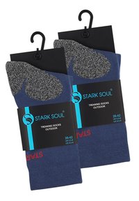 Calze da trekking blu con tallone e punta grigi, dotate di un'etichetta nera e blu. Confezione da due, misura 39-42 (UK 5.5-8, US 6-6.5).