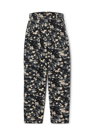 Pantaloni a vita alta con stampa floreale nera e fiori crema, dotati di un design a gamba dritta, due tasche frontali e cuciture a contrasto.