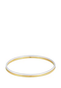 Zwei miteinander verbundene Armreifen, einer aus Silber und einer aus Gold, mit einer glatten, polierten Oberfläche. Dünn und kreisförmig, minimalistisches Design.