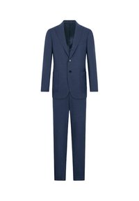 Námořnický modrý oblek s jedním knoflíkem, klopou do tvaru zářezu, dvěma předními kapsami a viditelnými švy. Tkanina vypadá hladce a texturovaně.