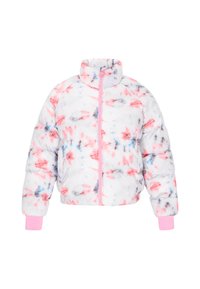 Puchowa kurtka wykonana z miękkiego, puszystego materiału, z różowym i pastelowym wzorem tie-dye, wysokim kołnierzem i ribbowymi różowymi mankietami. Zamek błyskawiczny z przodu.