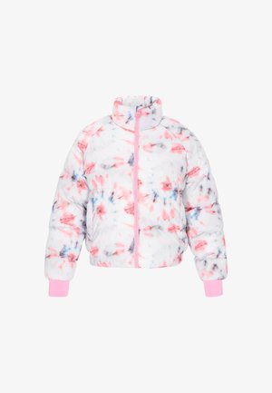 Jachetă căptușită dintr-un material moale și pufoase, având un model de tie-dye în nuanțe roz și pastel, guler înalt și manșete ribă roz. Închidere cu fermoar în față.