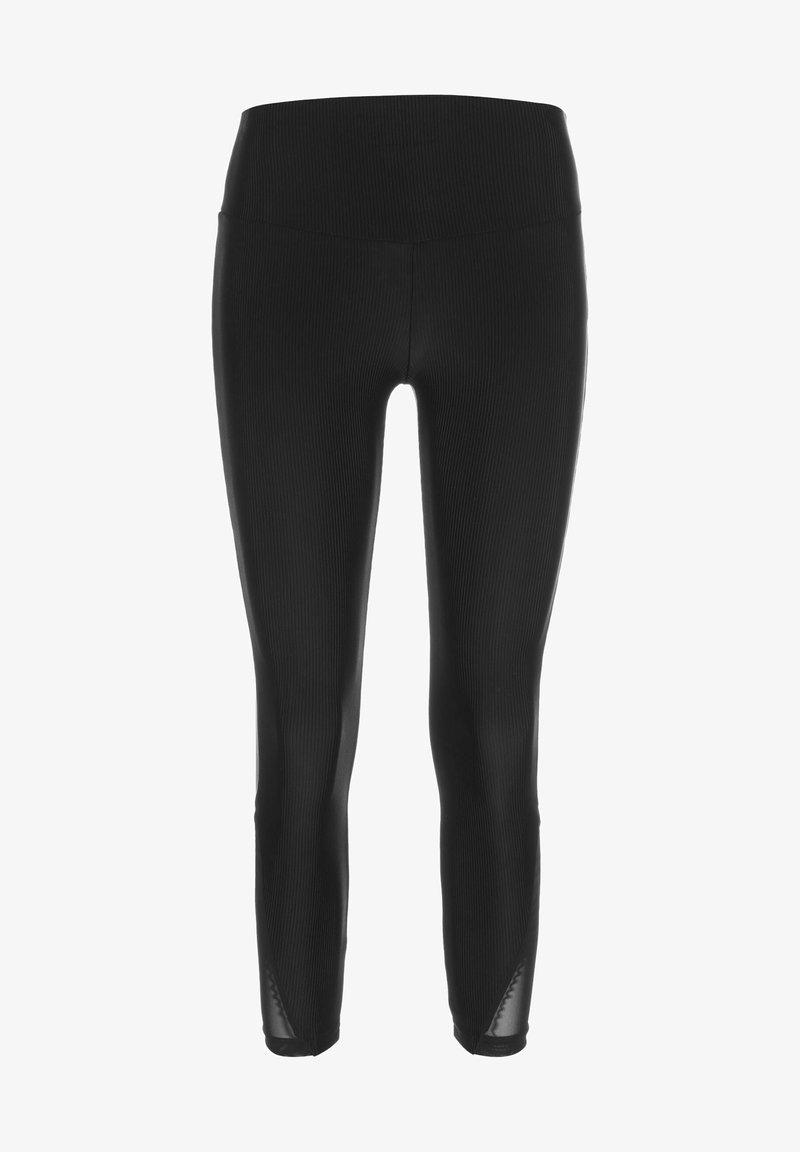 Fekete, bordázott leggings, magas derékkal, hálós panelek a bokáknál. Simaság jellemzi, testhezálló kialakítással.