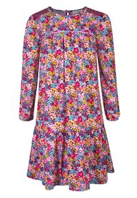 Blommig klänning med långa ärmar i livfullt rosa, lila och gult. Har en rynkad midja och utsvängd nederkant med rund halsringning.