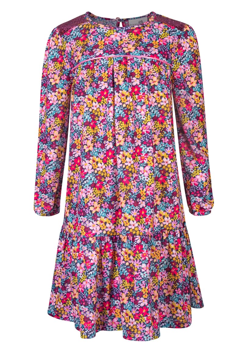 Blommig klänning med långa ärmar i livfullt rosa, lila och gult. Har en rynkad midja och utsvängd nederkant med rund halsringning.