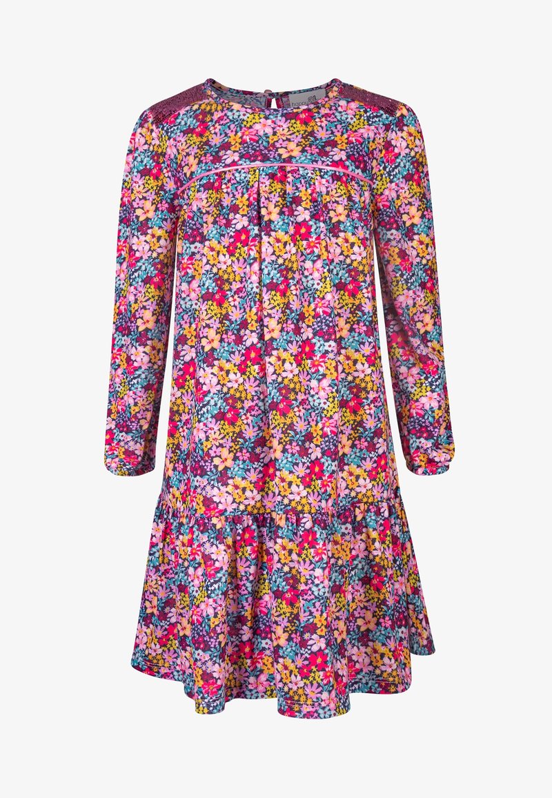 Blommig klänning med långa ärmar i livfullt rosa, lila och gult. Har en rynkad midja och utsvängd nederkant med rund halsringning.