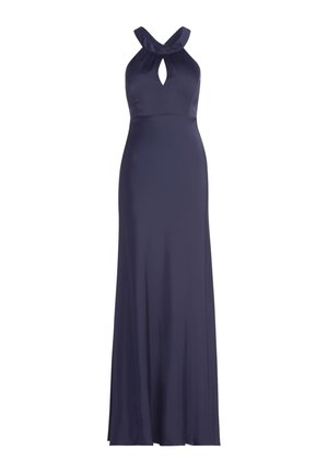 Abito da sera blu navy senza maniche con scollo a halter e dettaglio a chiave sul davanti, lungo fino a terra con gonna liscia e fluente.