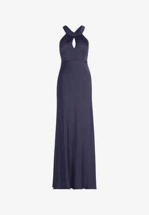 Abito da sera blu navy senza maniche con scollo a halter e dettaglio a chiave sul davanti, lungo fino a terra con gonna liscia e fluente.