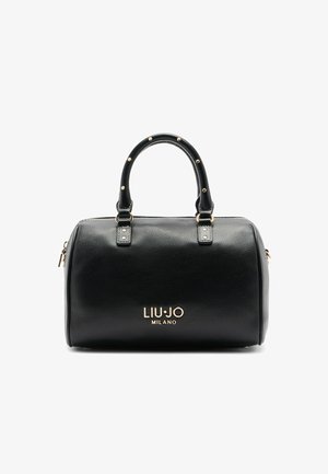 Zwart leren handtas met een gestructureerde vorm, goudkleurige hardware accenten, bovenhandvatten met studs en een logo aan de voorkant.