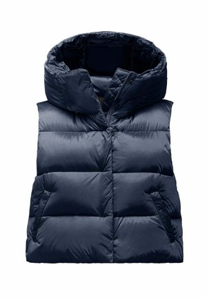Marineblauw gewatteerd mouwloos jack met hoge kraag en voorzakken, ontworpen voor warmte en buitengebruik.