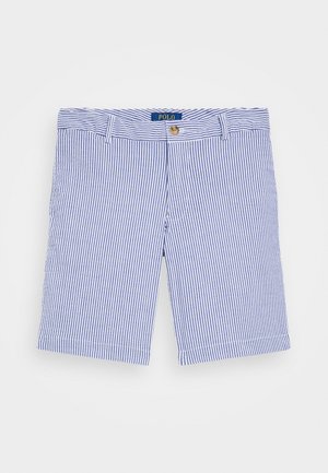 Μπλε και λευκές ριγέ βερμούδες από βαμβακερό twill, με κλείσιμο με κουμπί και βρόχους ζώνης, σε ίσια γραμμή και με τελειωμένα άκρα.
