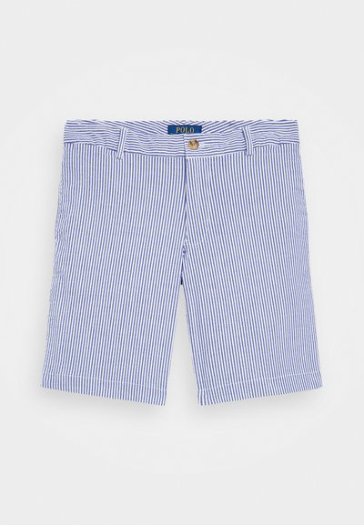 Shorts albastre cu dungi albe, realizate din twill de bumbac, dotate cu închidere cu buton și pasară, având un croi drept și margini tivite.