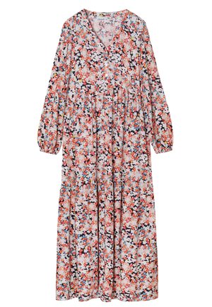 Abito maxi floreale con maniche lunghe, scollatura a V e gonna a strati. Presenta un mix di fiori rossi, rosa, blu e bianchi su uno sfondo chiaro.