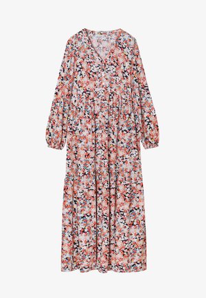 Květinové maxi šaty s dlouhými rukávy, výstřihem do V a vrstvenou sukní. Obsahují mix červených, růžových, modrých a bílých květin na světlém pozadí.